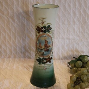 Antique Bristol Milk Glass 9.5&quot; Vase adorned with Hand Painted Ships and Flowers