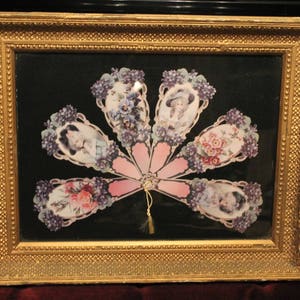 Vintage Victorian Style Paper Fan adorned with Ladies and Flowers mounted in Antique Gold Frame