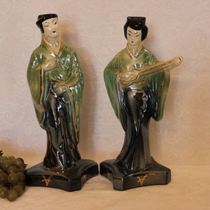 Stanford Art Pottery Set of 2 Asian 12&quot; Figurines - Green Lusterware, Made in Sebring, Ohio