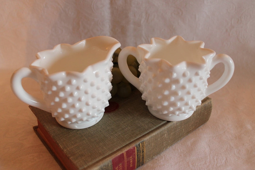 Fenton White Milk Glass Hobnail Creamer and Sugar Bowl Set Star Shaped