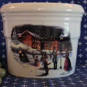 Artist Signed 1993 Roscoe Village K.W. Thomas Christmas Stoneware Pottery Crock - 1 Gallon size, Zanesville, Ohio Pottery