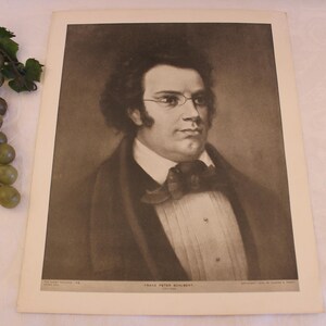 May include: A black and white portrait of a man wearing a dark suit and a white bow tie. He is wearing glasses and has a serious expression on his face. The portrait is framed and has a title at the bottom: "Franz Peter Schubert".