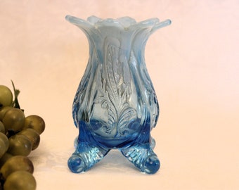 Antique Blue Opalescent Glass Vase -Inverted Fan & Feather Pattern, Northwood or Dugan Glass Company