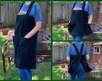 Gardening Pinafore Apron - Medium Weight Duck Cloth - Black Apron with Large 3 Section Front Pocket Converts to a Garden Apron