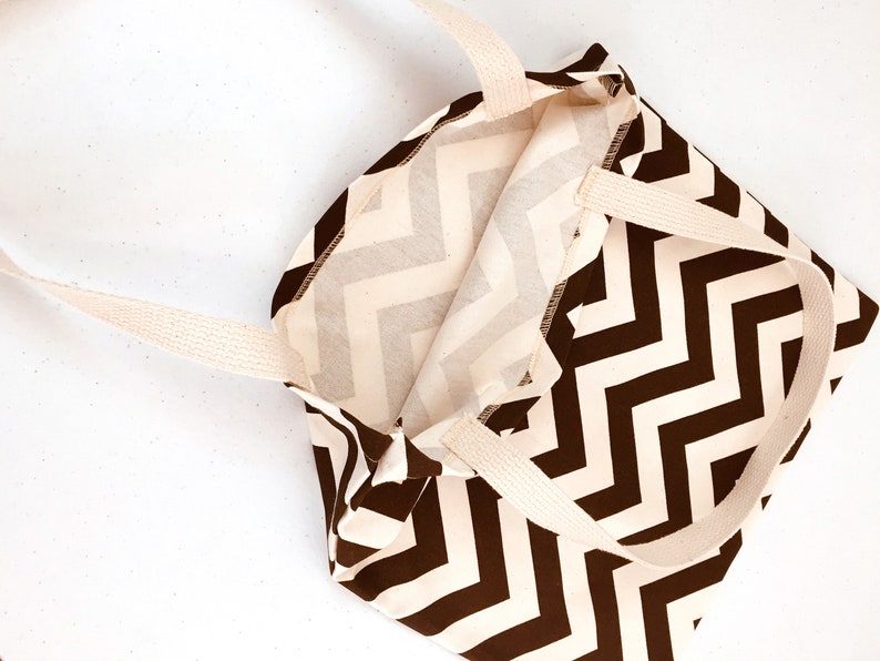K&ouml;nnte beinhalten: Eine braun-cremefarbene Tragetasche mit Chevron-Muster und cremefarbenen Griffen. Die Tasche ist offen und zeigt das Innenfutter. Die Tasche ist aus Stoff und eignet sich zum Tragen von Gegenst&auml;nden.