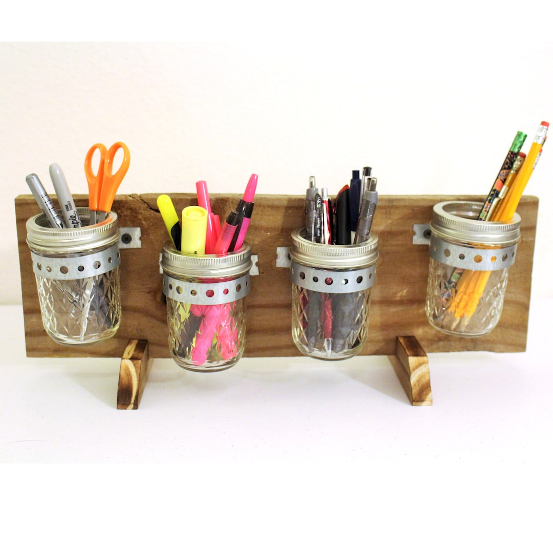 Mason Jar Desk Organizer Horizontal Rustic Wood Mason Jar Etsy