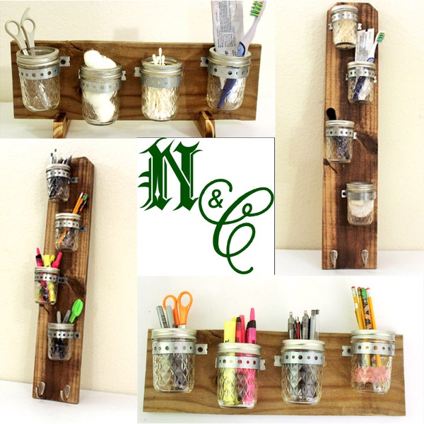 Mason Jar Organizer - Horizontale of verticale rustieke houten glazen potorganisatie voor badkamer, kantoor, hobbykamer