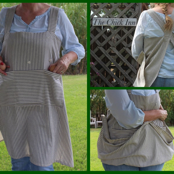 Gathering Pinafore Apron - Navy Blue Striped Cross Back Apron with Large 3 Section Front Pocket Converts to an Egg / Garden / Foraging Apron