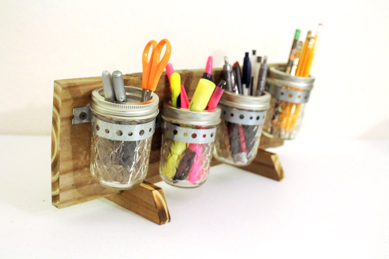 Mason Jar Desk Organizer Horizontal Rustic Wood Mason Jar Etsy