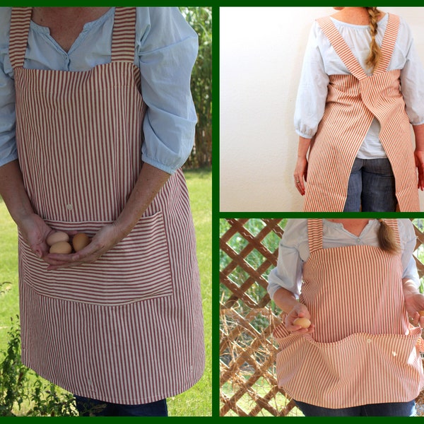 Gathering Pinafore Apron - Red Striped Cross Back Apron with Large 3 Section Front Pocket Converts to an Egg / Garden / Foraging Apron