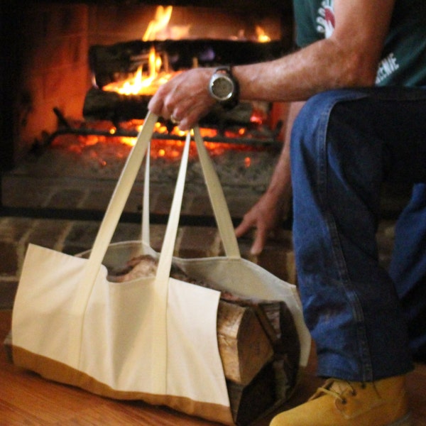 Fire Pit Log Carrier, Firewood Bag, Canvas Firewood Carrier, Fireplace Wood Bag