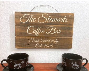 Coffee Bar Sign - Stained Rustic Wood Pallet Sign Personalized with Name and Established Date