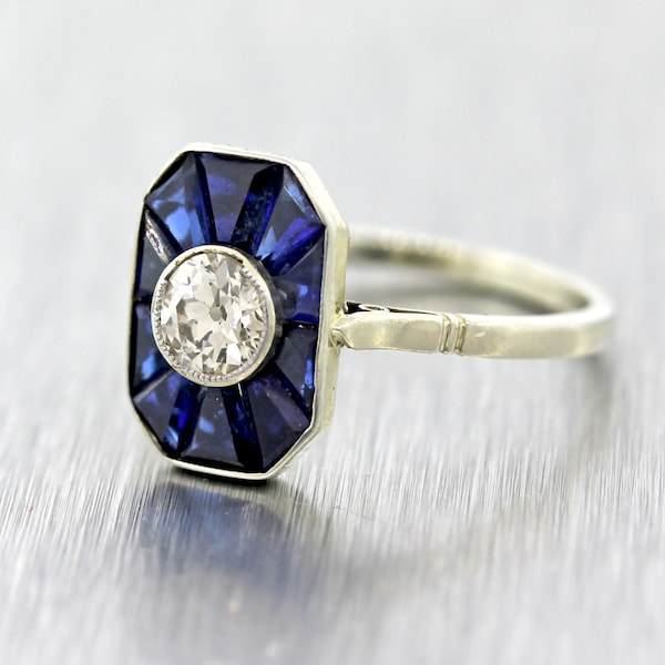 Vintage Estate Solid 18K White Gold .50ct Diamond Sapphire Engagement Ring