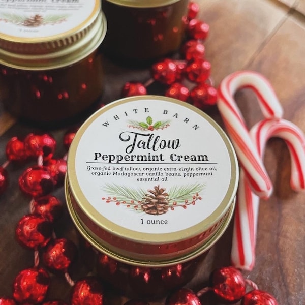 PEPPERMINT CREAM TALLOW - Whipped Cream Grass-fed Beef Tallow Infused with Whole Vanilla Beans and Peppermt Essential Oil 2-ounce Glass Jar