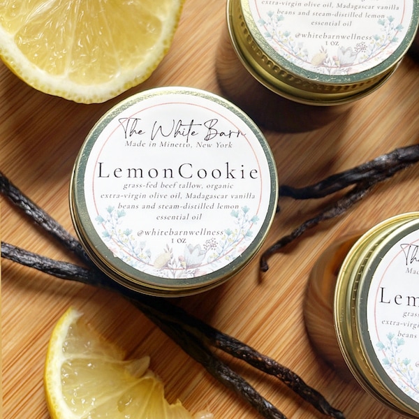 LEMON COOKIE TALLOW - Whipped Cream Grass-fed Beef Tallow Infused with Whole Vanilla Beans and Lemon Essential oil 1-ounce Glass Jar