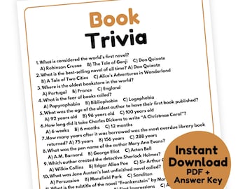 Book Trivia Game | Book Game Printable | Book Club Game for Adults | Reading Game | Book Quiz | Literature Trivia Game | Book Club Activity