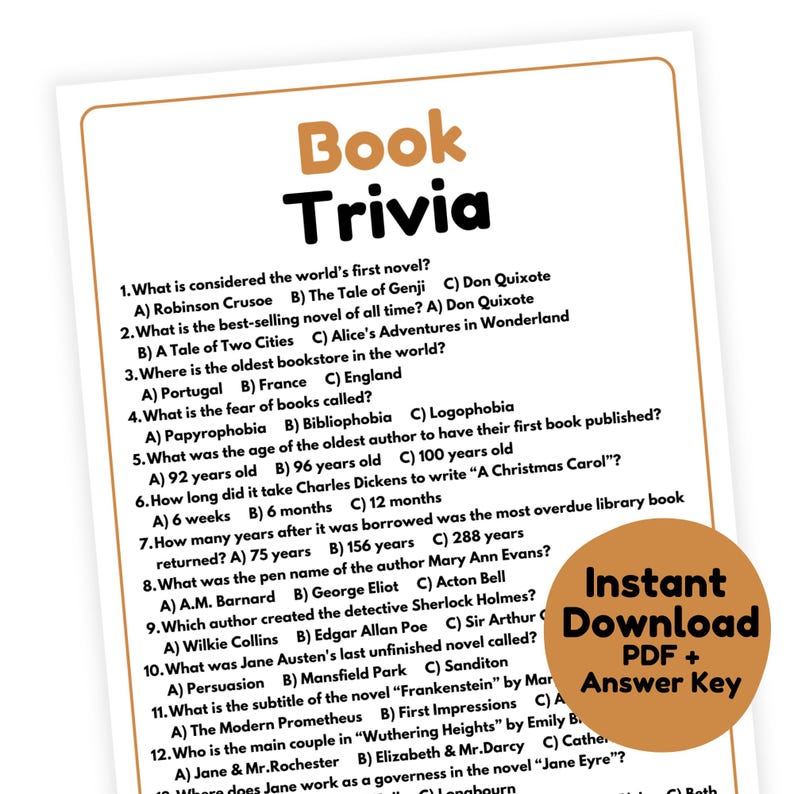 Book Trivia Game | Book Game Printable | Book Club Game for Adults ...