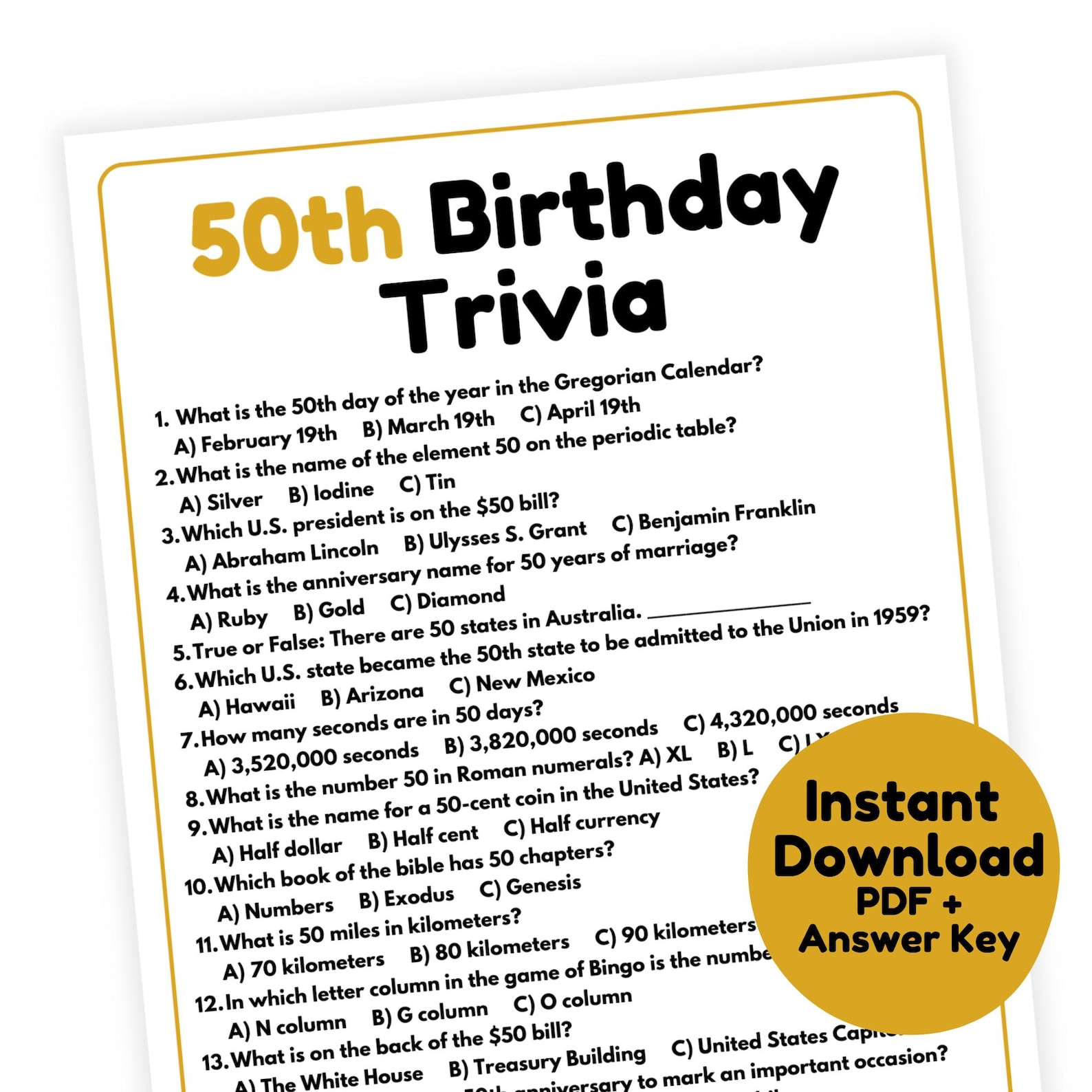 50th Birthday Trivia Game | 50th Birthday Game Printable | 50th ...