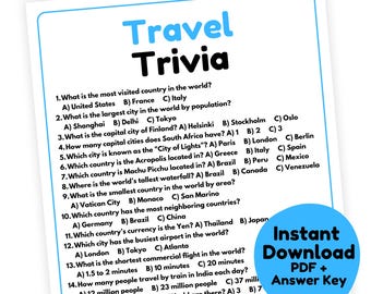 Travel Trivia Game | Travel Game Printable | Family Road Trip Game | Road Trip Trivia Game for Adults | Car Game | Travel Quiz