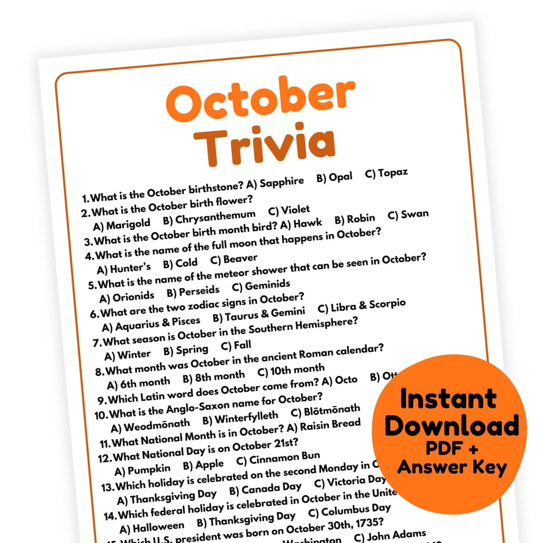 Printable October Trivia October Trivia Game | October Game Printable | Fall Trivia Game | Fall ...
