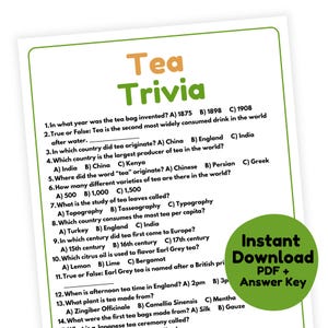 Peut inclure: Un quiz de trivia sur le thé imprimable en vert et blanc avec 14 questions à choix multiples. Le quiz comprend des questions sur l'histoire du thé, la production du thé et les types de thé. Le quiz est intitulé "Tea Trivia" et a un bouton "Téléchargement instantané PDF + clé de réponse".