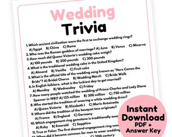May include: A white paper with pink text that reads "Wedding Trivia." The paper contains multiple-choice trivia questions about weddings, with an "Instant Download PDF + Answer Key" graphic in the corner.