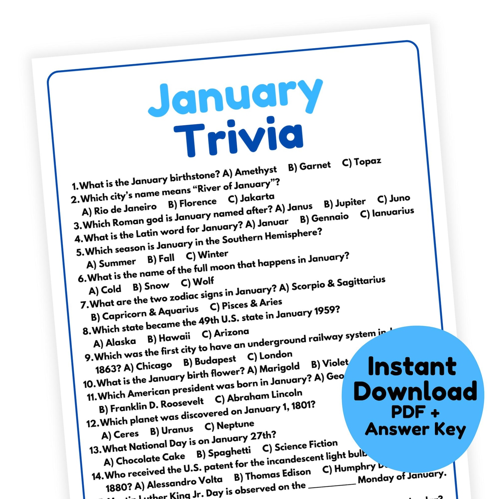 January Trivia Game | Month Trivia Game Printable | Winter Trivia Game ...