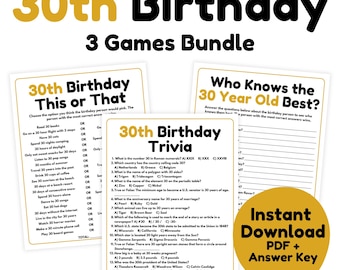 Paquete de juegos para 30 cumpleaños: 3 juegos imprimibles, juegos de trivia para 30 cumpleaños y juegos para adultos.