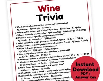 Jogo de Perguntas e Respostas sobre Vinhos | Jogo de Vinhos para Imprimir | Jogo para Chá de Panela com Tema de Vinhos | Jogo para Festa de Vinhos para Adultos | Jogo para Degustação de Vinhos | Jogo para Jantar