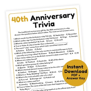 40th Anniversary Trivia Game | 40th Anniversary Game Printable | 40th Wedding Anniversary Game for Adults | Ruby Anniversary Party Game