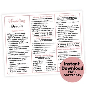VINTAGE Wedding Trivia Game Printable | Wedding Game for Guests | Wedding Table Game | Wedding Reception Game | Wedding Party Game