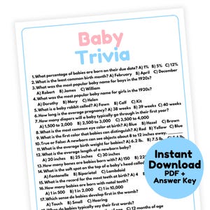 Baby Trivia Game | Baby Game Printable | Baby Shower Game | Baby Shower Trivia Game | Baby Shower Party Game for Adults