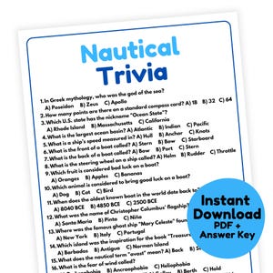 May include: A white sheet with blue text, titled "Nautical Trivia." The sheet presents multiple-choice questions on nautical themes. An "Instant Download PDF + Answer Key" graphic is visible in the bottom right corner.