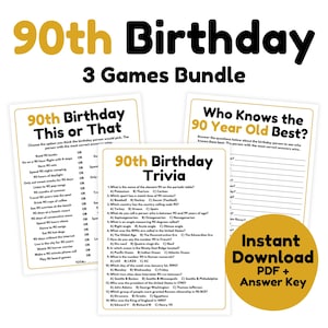 May include: A printable 90th birthday party game bundle with three games: "90th Birthday This or That", "90th Birthday Trivia", and "Who Knows the 90 Year Old Best?" The games are designed to be played with a group of people and are perfect for celebrating a 90th birthday.