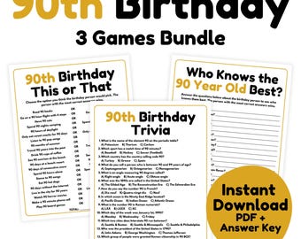 Pacote de Jogos para Aniversário de 90 Anos - Conjunto de 3 Jogos para Imprimir | Jogos de Perguntas e Respostas para Aniversário de 90 Anos | Jogos para Festa de Aniversário de 90 Anos para Adultos