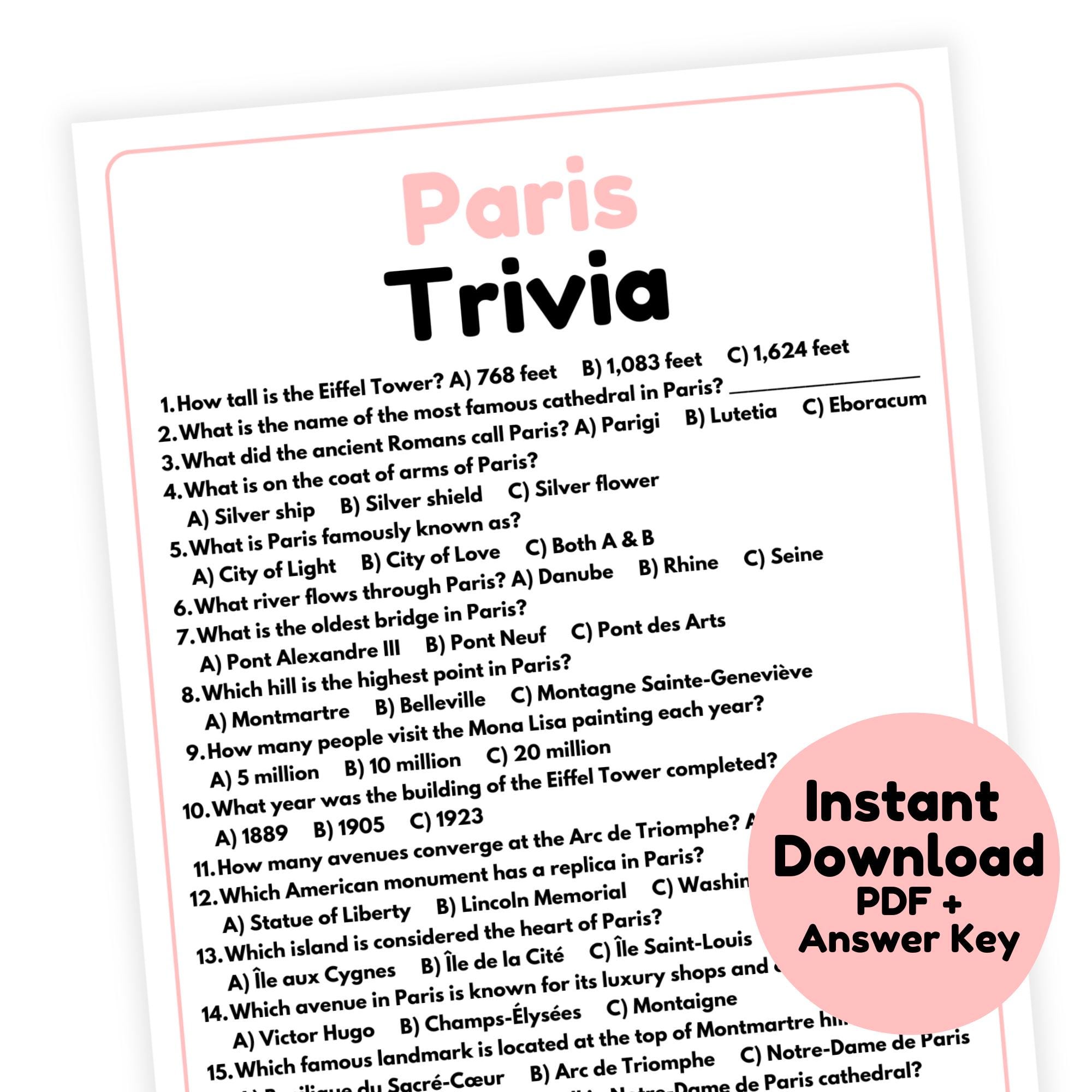 Paris Trivia Game | Paris Game Printable | Paris Bridal Shower Game | Paris Party Game for Adults | Paris Birthday Party Game