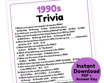 1990s Trivia Game | 1990s Game Printable | 1990s Party Game for Adults and Kids | 90s Trivia Game | 90s Party Game | Decades Trivia Game