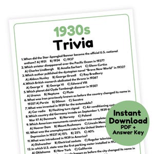 Gioco a quiz anni '30 / Gioco anni '30 stampabile / Gioco per feste anni '30 per adulti e bambini / Gioco a quiz anni '30 / Gioco a quiz decenni