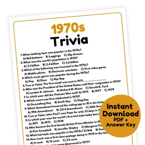 1970s Trivia Game | 1970s Game Printable | 1970s Party Game for Adults and Kids | 70s Trivia Game | 70s Party Game | Decades Trivia Game