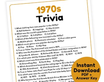 1970s Trivia Game | 1970s Game Printable | 1970s Party Game for Adults and Kids | 70s Trivia Game | 70s Party Game | Decades Trivia Game