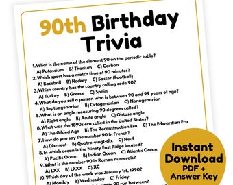 Juego de trivia para el 90.º cumpleaños / Juego imprimible para el 90.º cumpleaños / Juego para adultos para el 90.º cumpleaños / Juego para el nonagésimo cumpleaños