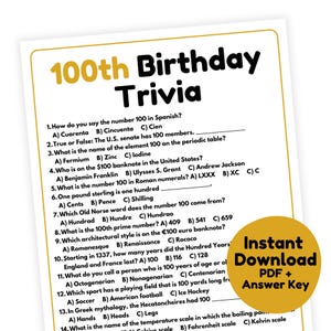 100th Birthday Trivia Game | 100th Birthday Game Printable | 100th Birthday Party Game for Adults | Hundredth Birthday Party Game