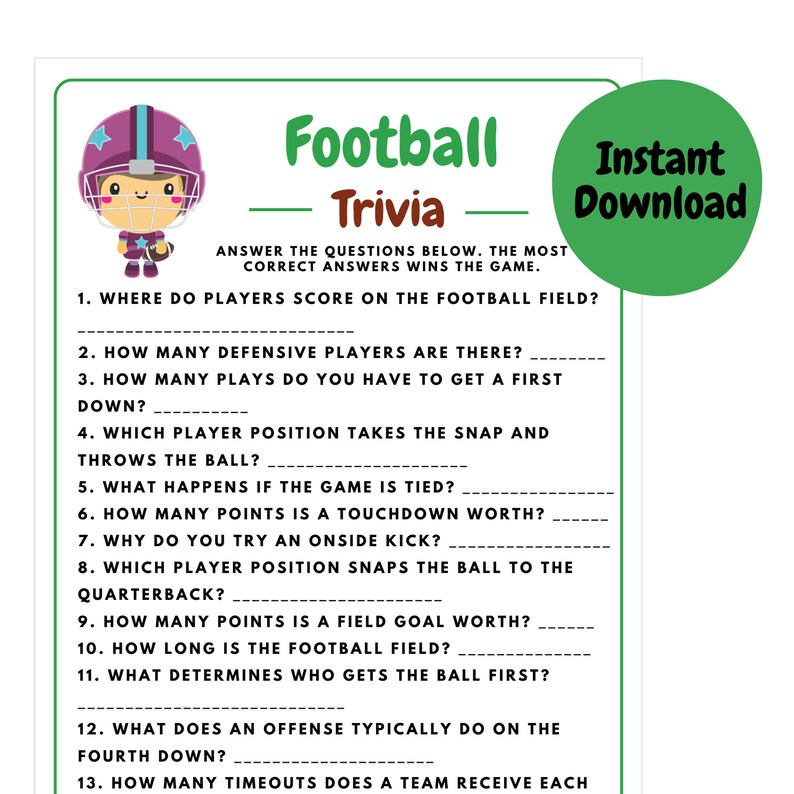 Football Trivia Game Football Party Games Football Games Printable