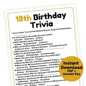18. Geburtstag Quiz-Spiel | 18. Geburtstag Spiel zum Ausdrucken | 18. Geburtstag-Party-Spiel für Erwachsene und Jugendliche | Achtzehnter Geburtstag
