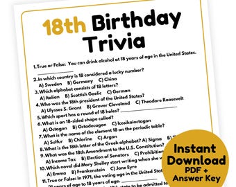 18th Birthday Trivia Game | 18th Birthday Game Printable | 18th Birthday Party Game for Adults and Teens | Eighteenth Birthday Party Game