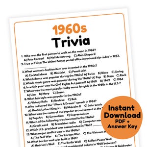 Triviaspel uit de jaren 60 | Afdrukbare game uit de jaren 60 | Feestspel uit de jaren 60 voor volwassenen en kinderen | Triviaspel uit de jaren 60 | Partygame uit de jaren 60 | Decennia trivia-spel