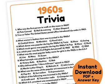 1960s Trivia Game | 1960s Game Printable | 1960s Party Game for Adults and Kids | 60s Trivia Game | 60s Party Game | Decades Trivia Game