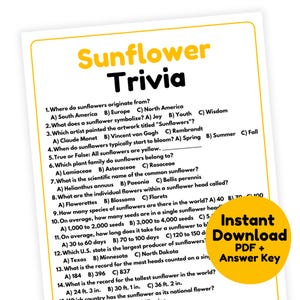 Op de afbeelding: Een trivia-blad over zonnebloemen met meerkeuzevragen en antwoorden. De titel "Sunflower Trivia" staat in grote gele letters. Een gele cirkel met de tekst "Instant Download PDF + Answer Key" staat in de rechter benedenhoek.