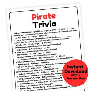 May include: A white sheet of paper with the title "Pirate Trivia" in red. The sheet contains multiple-choice trivia questions about pirates, with a red circle in the corner that says "Instant Download PDF + Answer Key".