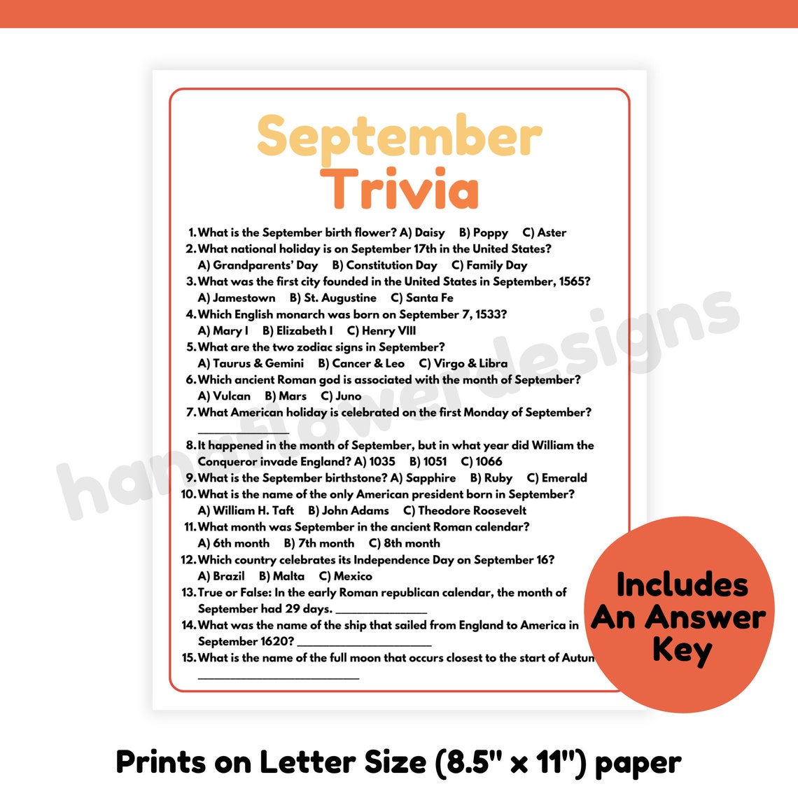 September Trivia Game Month Trivia Game Printable Fall Trivia Game Fall ...